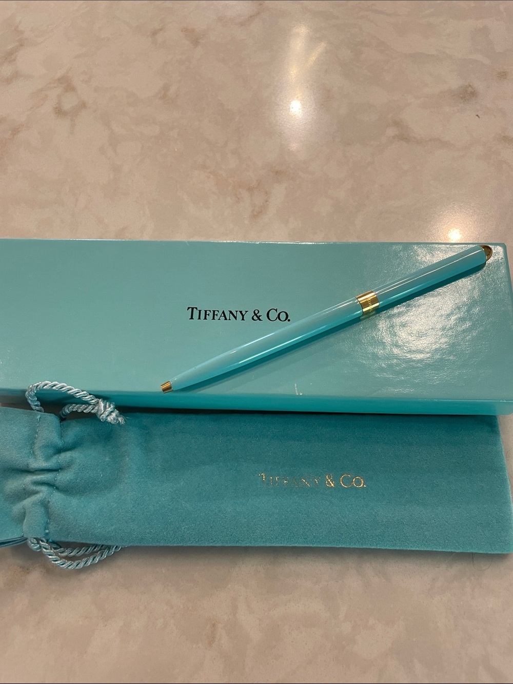 Tiffany & Co. Blue Gold Accent Pen with Box and Pouch